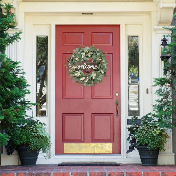 Green Artificial Eucalyptus Wreath with Welcome Sign 20in Spring Summer Wreath - Picture 9 of 14